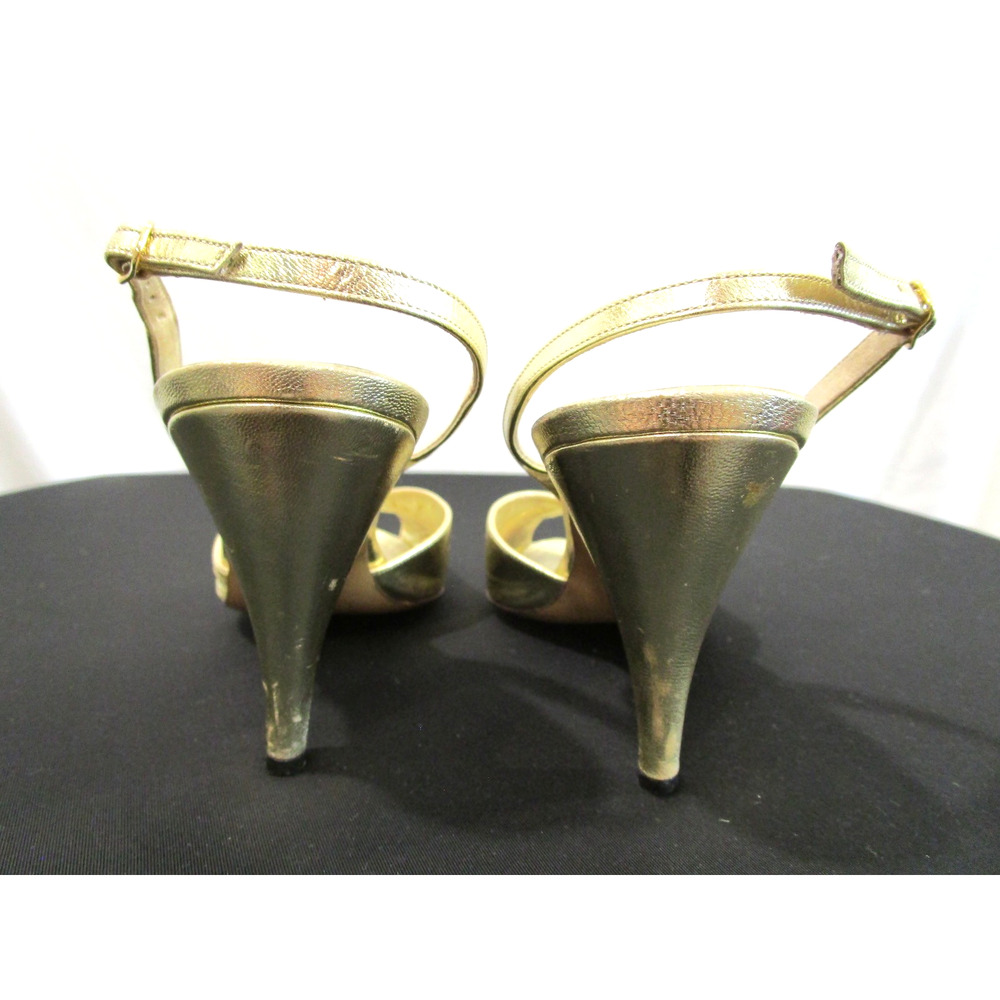Vintage Bruno Magli Italy Gold Leather Rhinestone Slingback Heels, Women 6.5 B - Picture 8 of 11